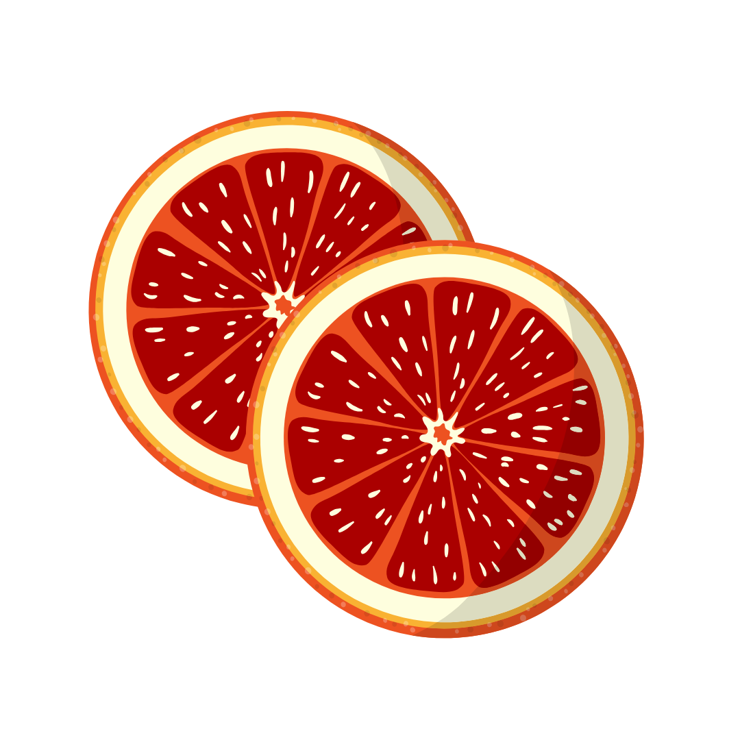 Illustration of two sliced red grapefruits on a white background.