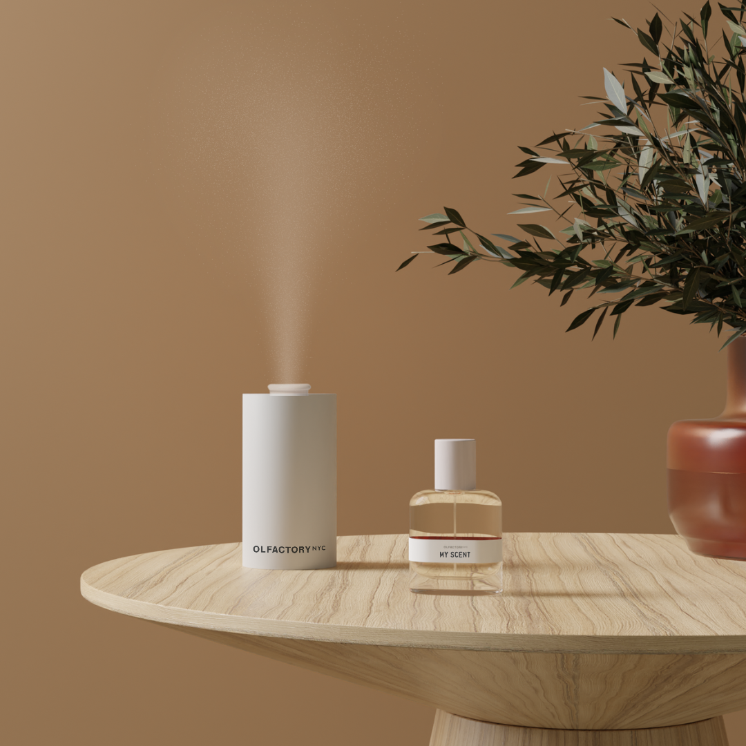White diffuser and perfume bottle on wooden table with plant.