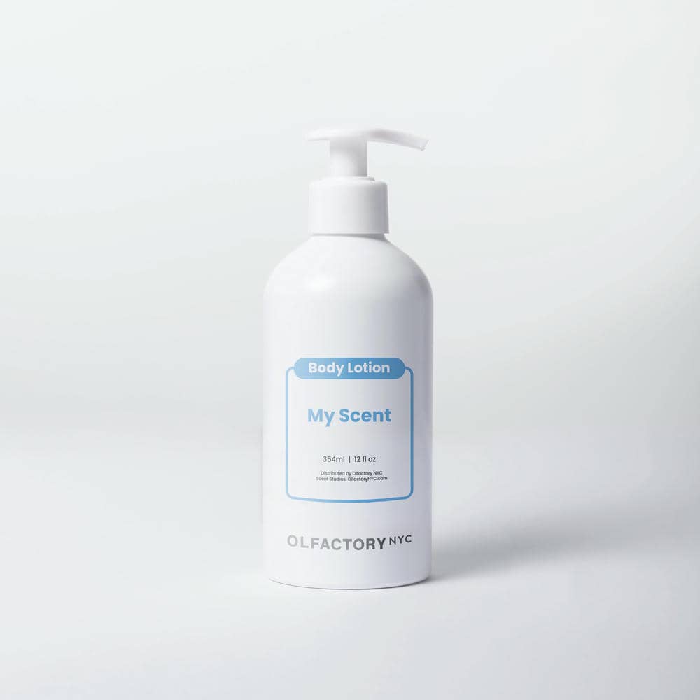 A white pump bottle of Olfactory NYC Body Lotion with a light blue label against a white background.