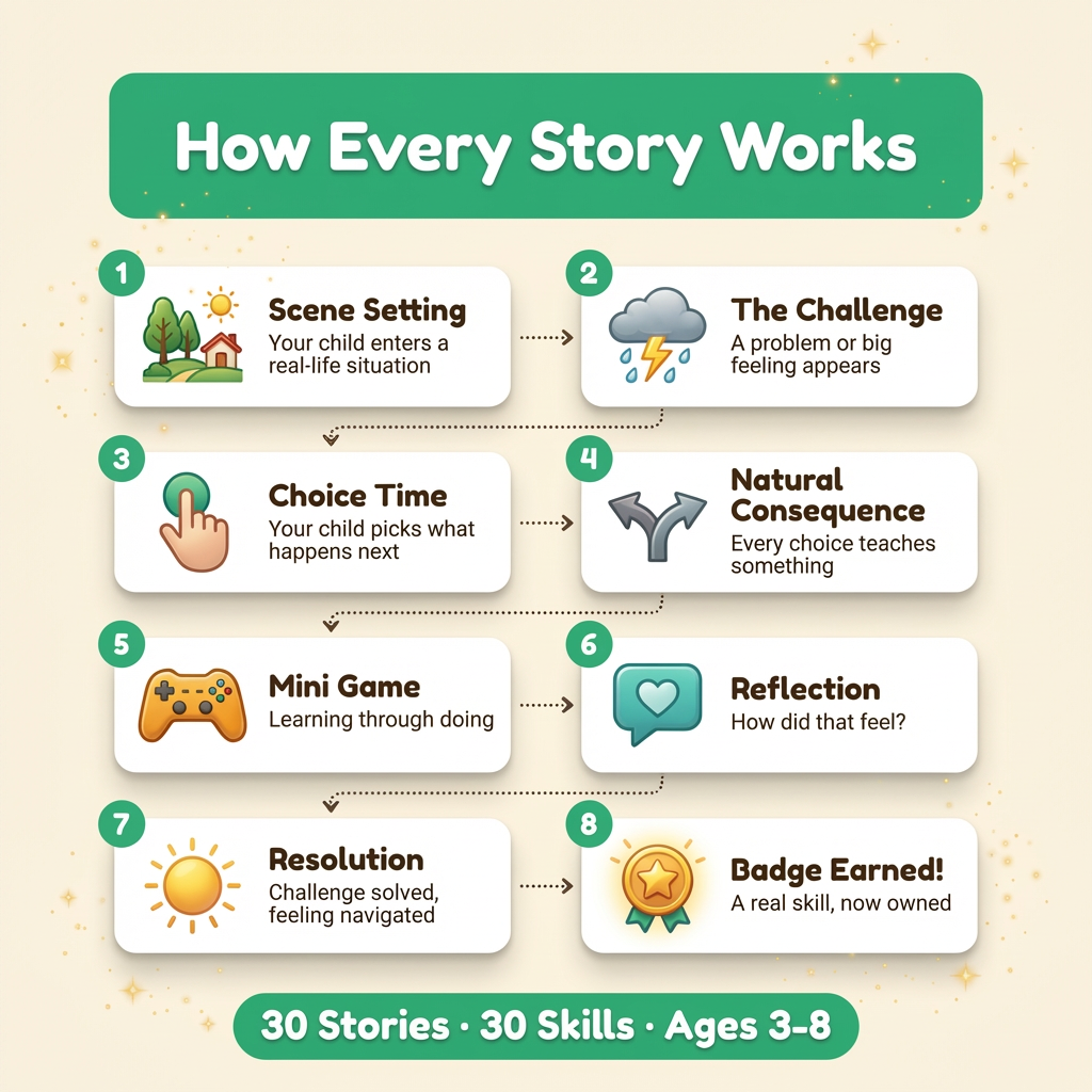 An infographic titled 'How Every Story Works,' showing an eight-step flowchart from scene setting to earning a badge.