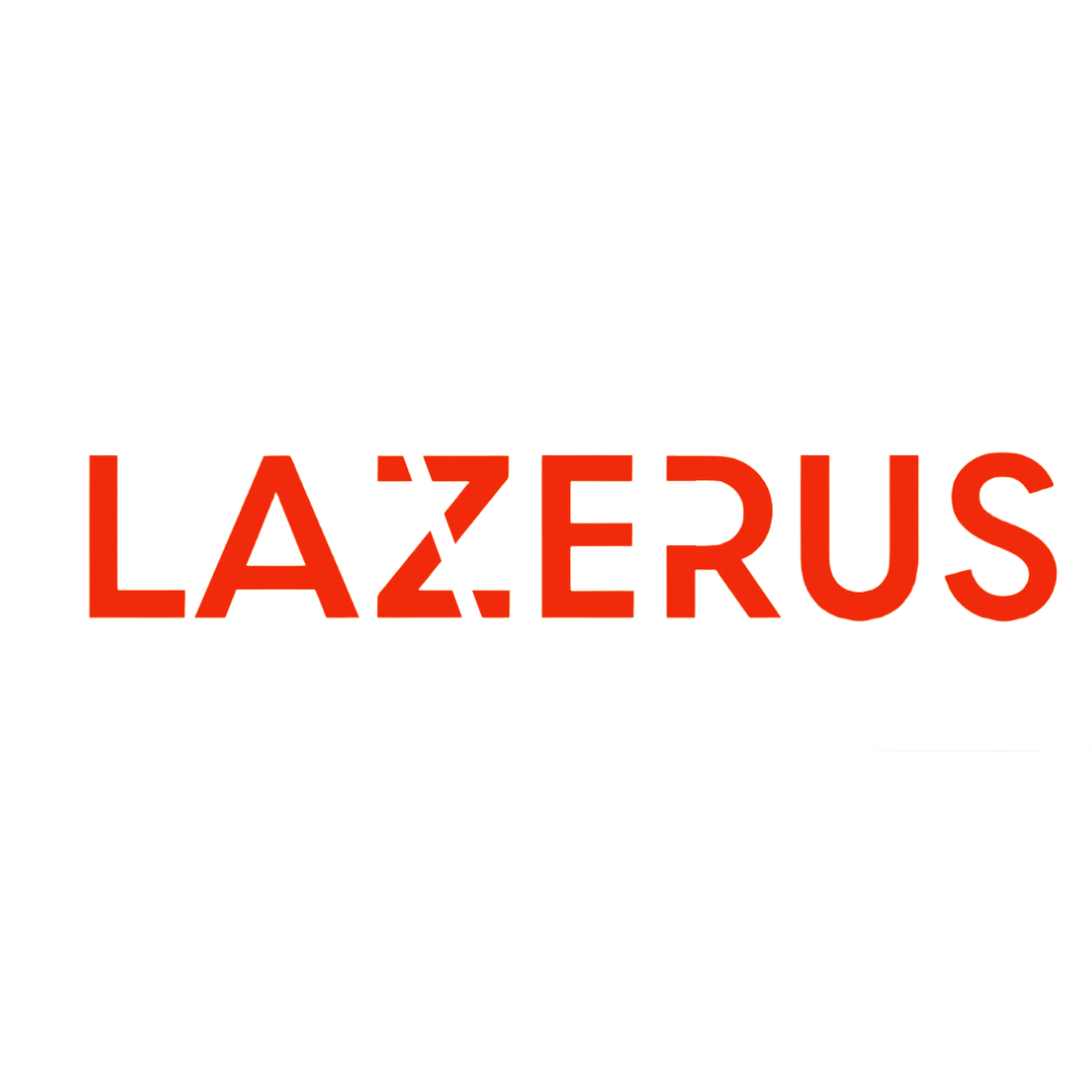 Logo with the word 'LAZERUS' in orange.