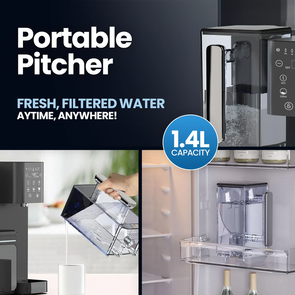Collage of a portable water pitcher with 1.4L capacity, shown in use and in a fridge.