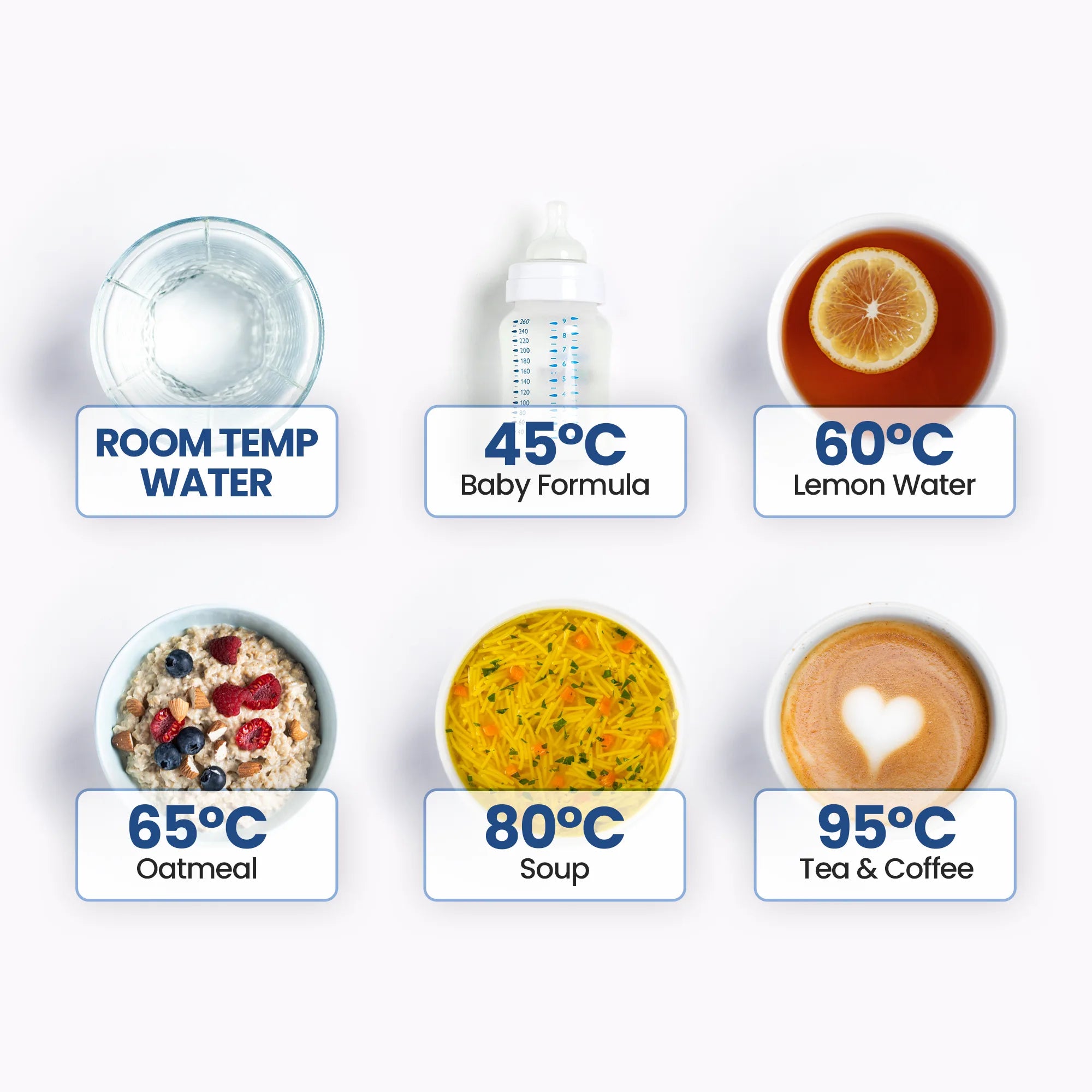 Six labeled food and drink items with corresponding temperatures.