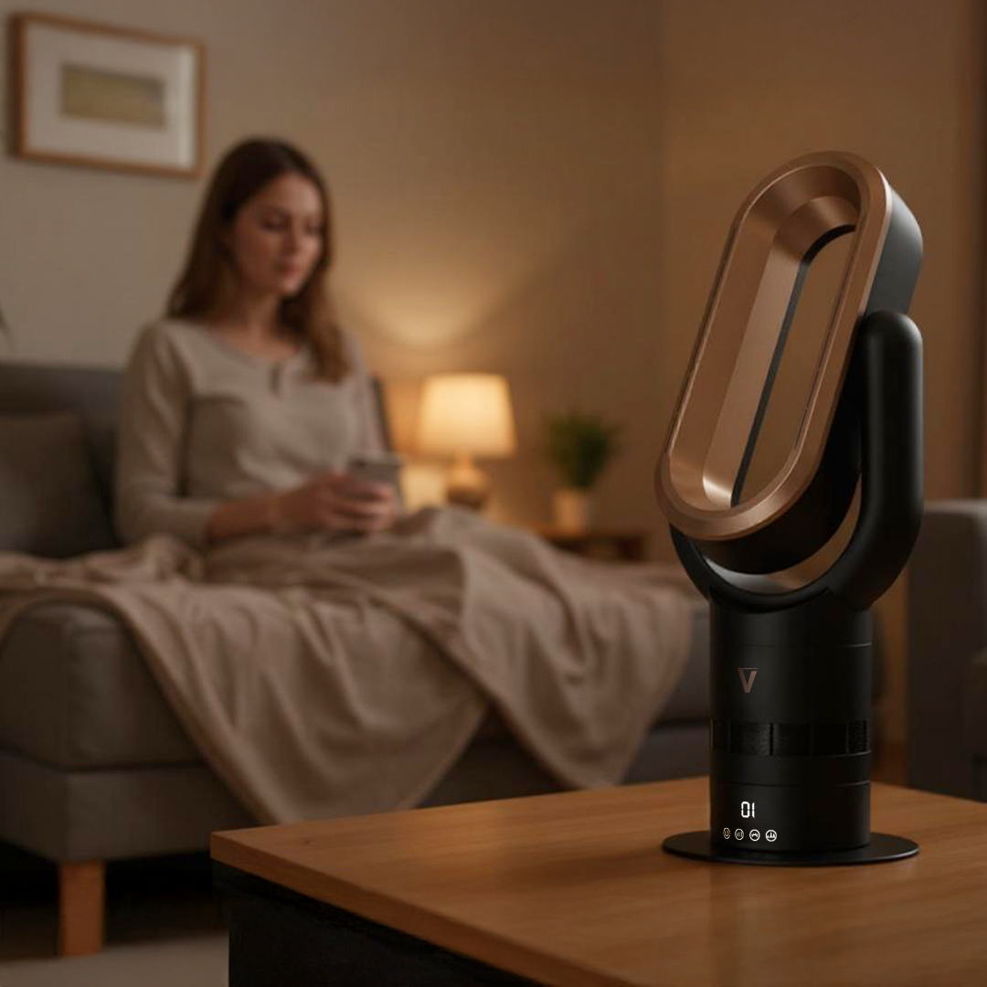 A bladeless fan on a table in a cozy room with a blurred woman sitting on a sofa.
