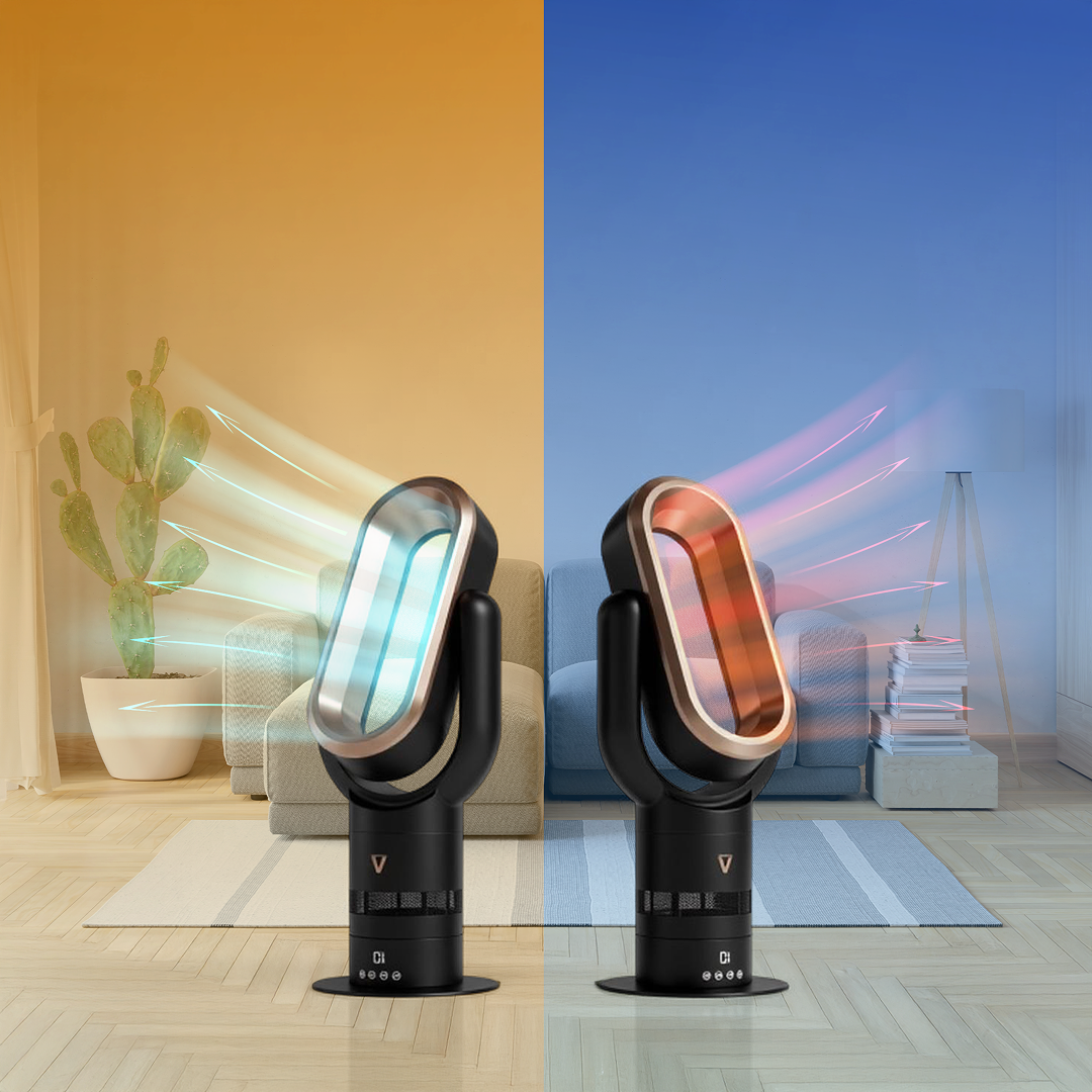 Two bladeless fans with different airflow colors, in a split-toned room.