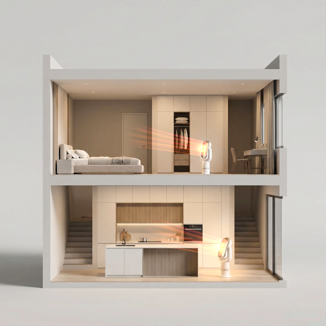 Cutaway view of a two-story modern house interior with fans emitting air.