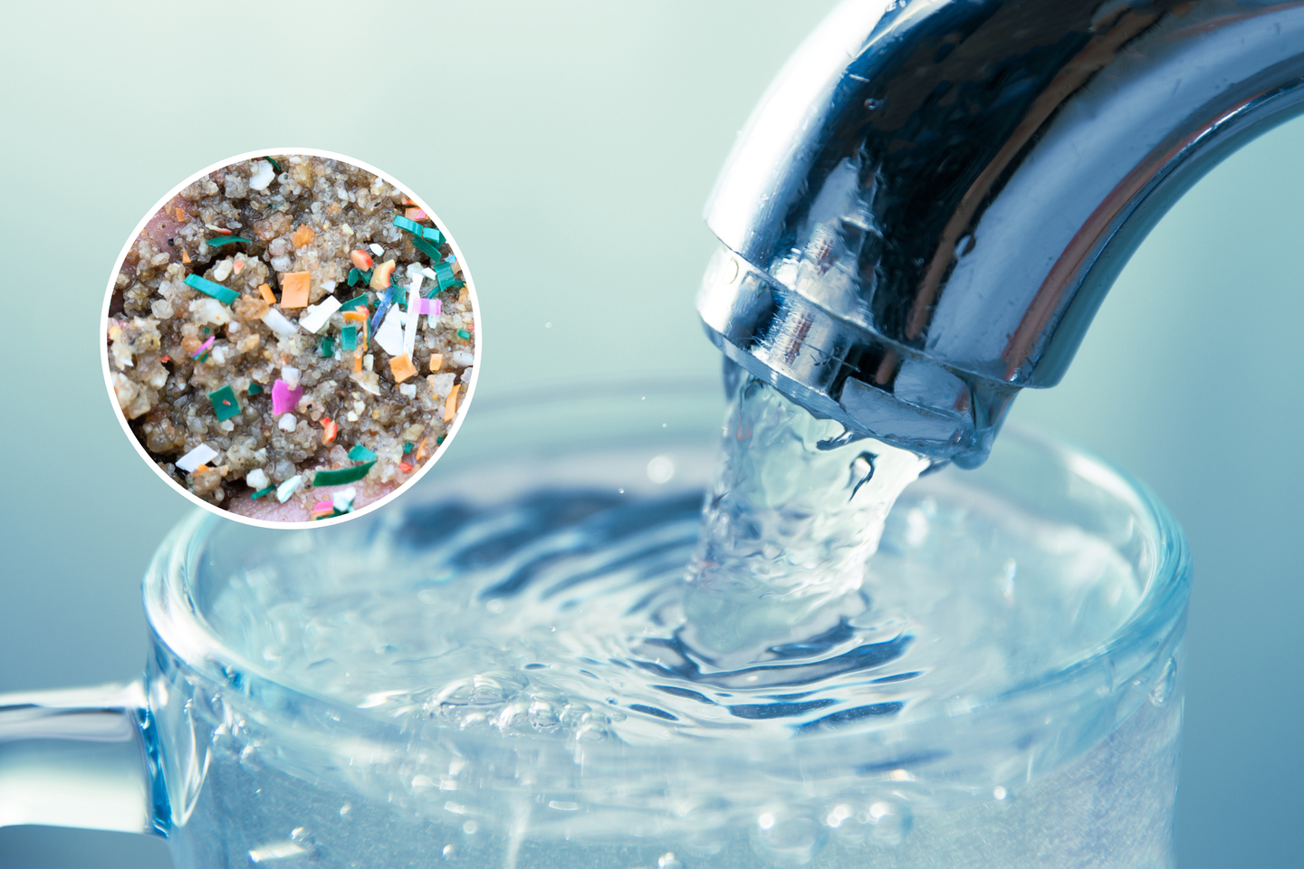 Water pouring from a tap with microplastics inset image.