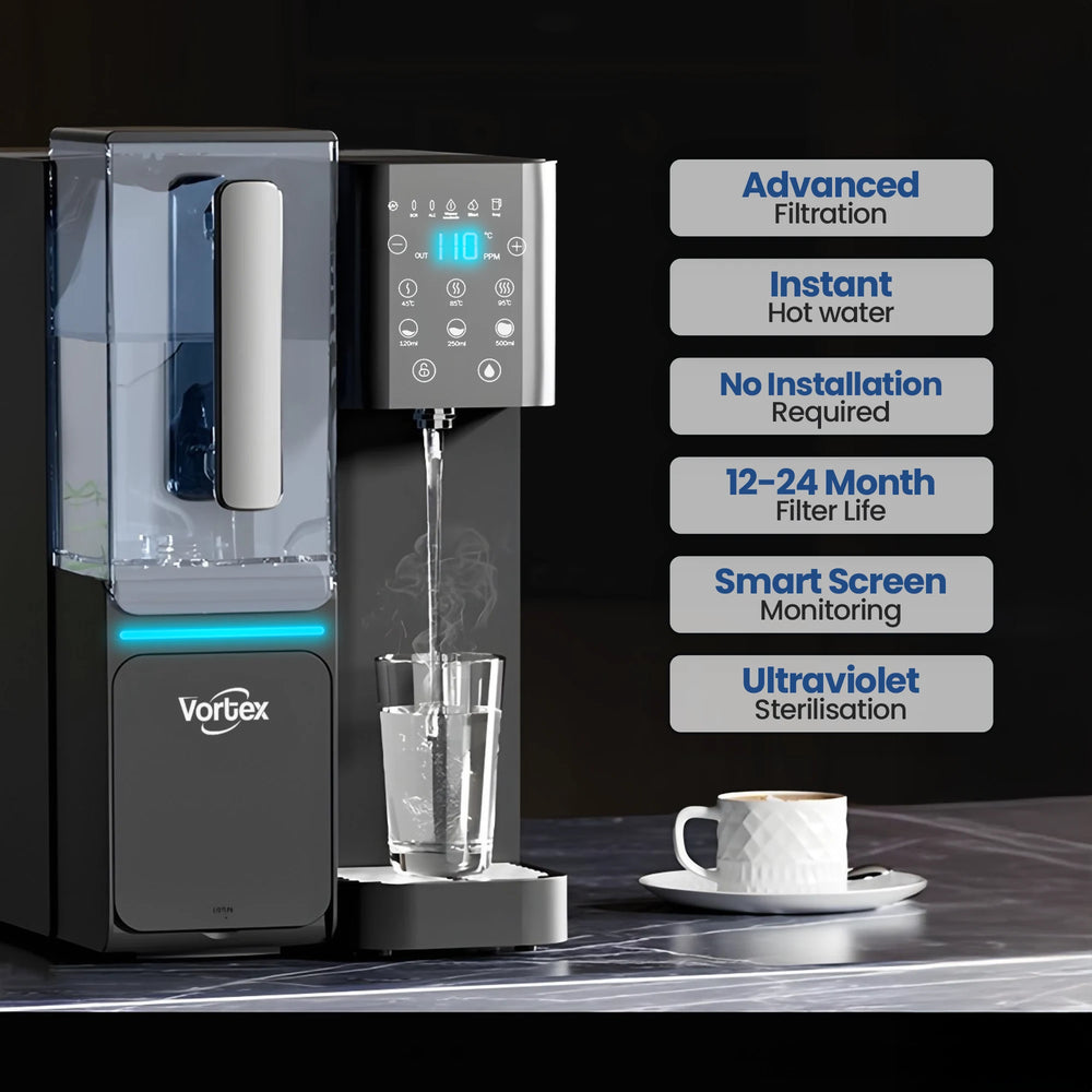 Water dispenser with digital screen, glass filling, and feature list on the side.