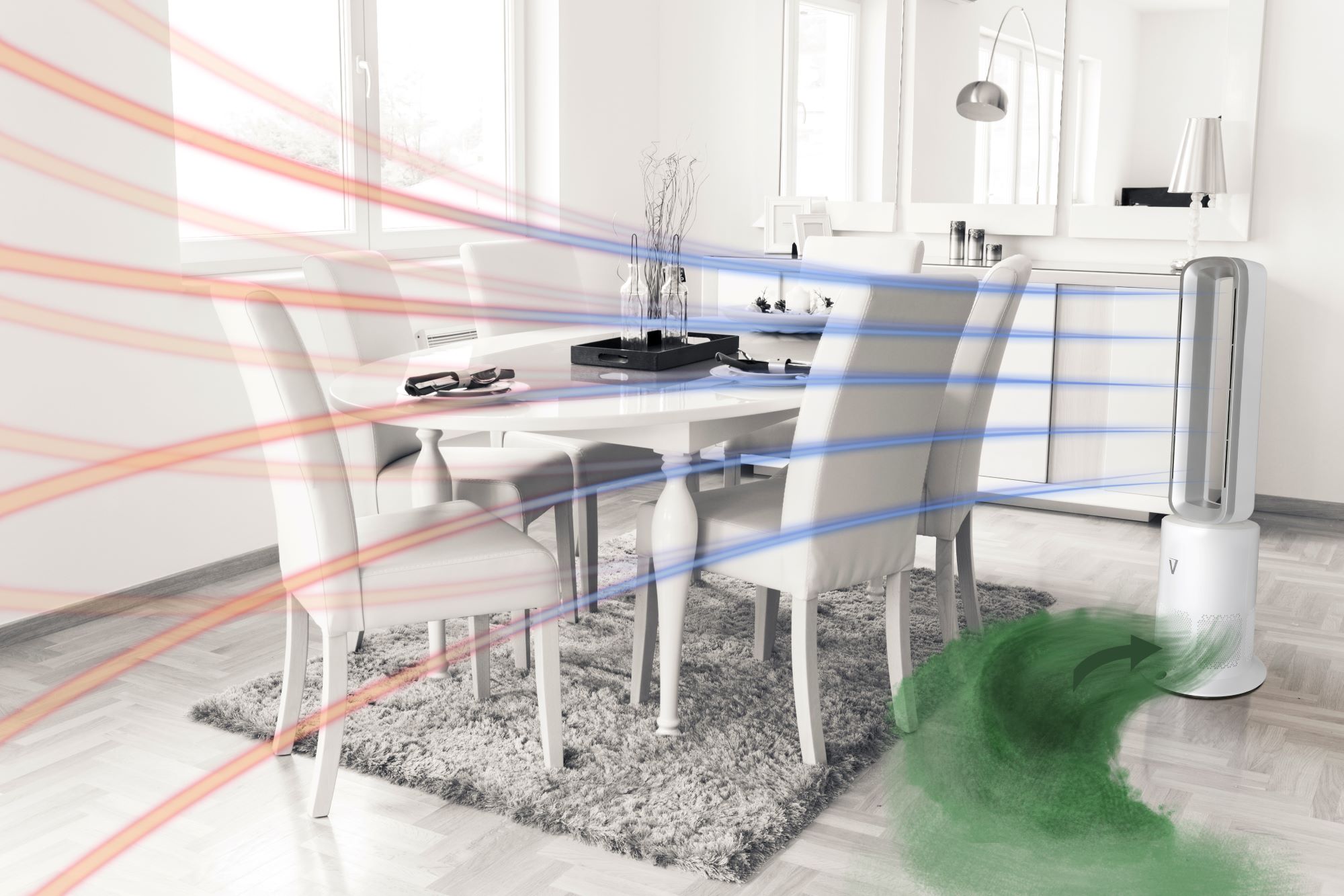 Dining room with air purifier showing airflow in colored lines.