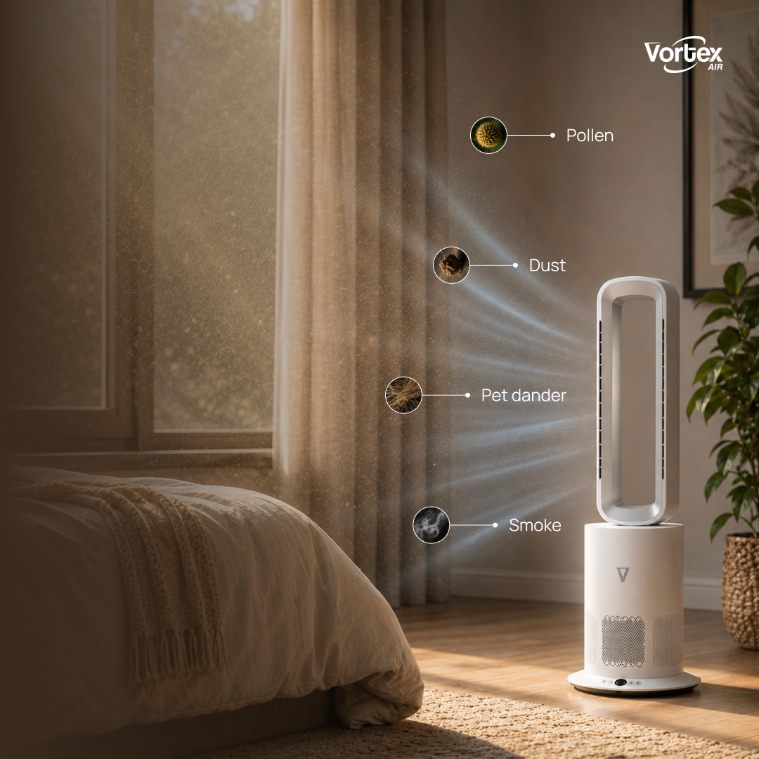The Vortex Air Cleanse filtering pollen, dust, pet dander and smoke from a bedroom