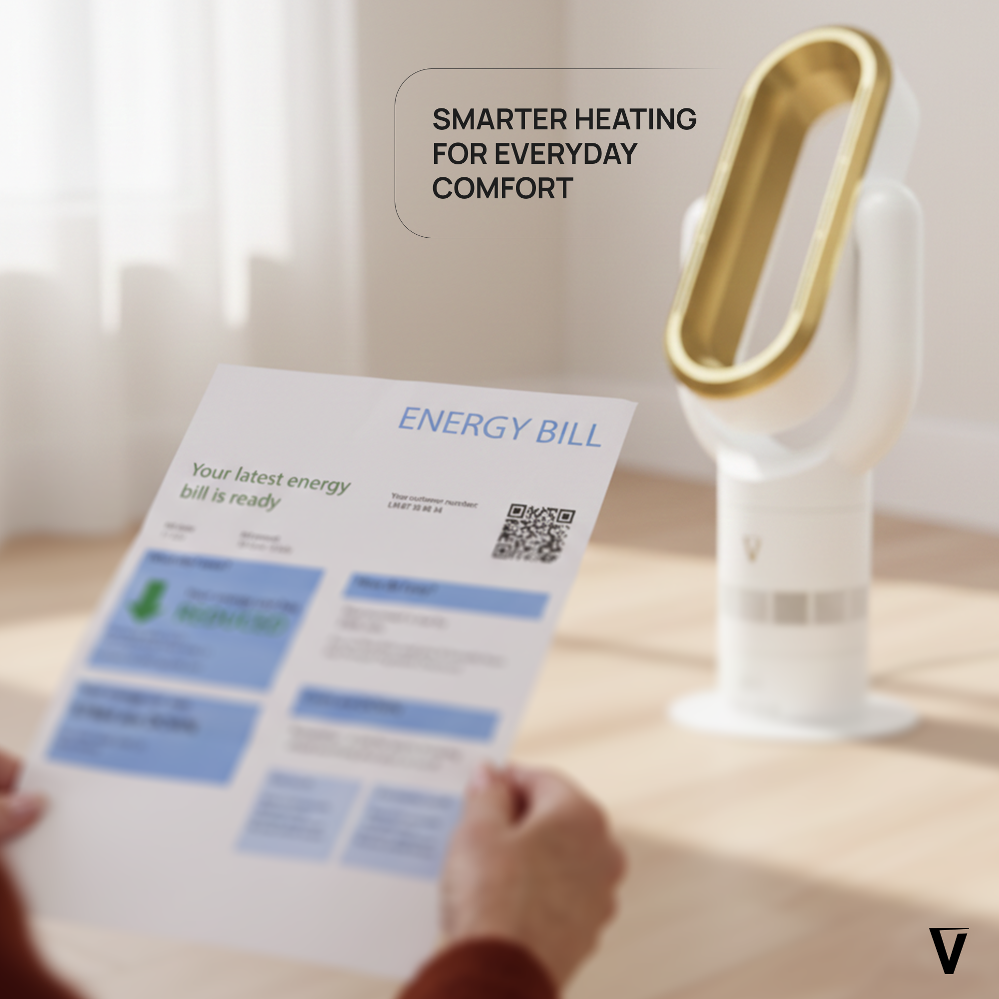A person holds an energy bill, with a modern, white and gold bladeless heater in the background.