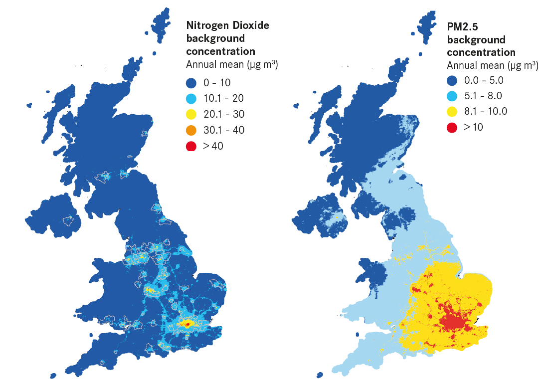 Map of nitrogen dioxide and PM2.5 concentrations in the UK with color-coded regions.
