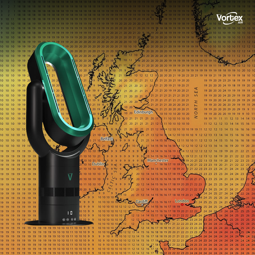 A Vortex Air bladeless fan is superimposed over a heat map of the United Kingdom and Ireland.