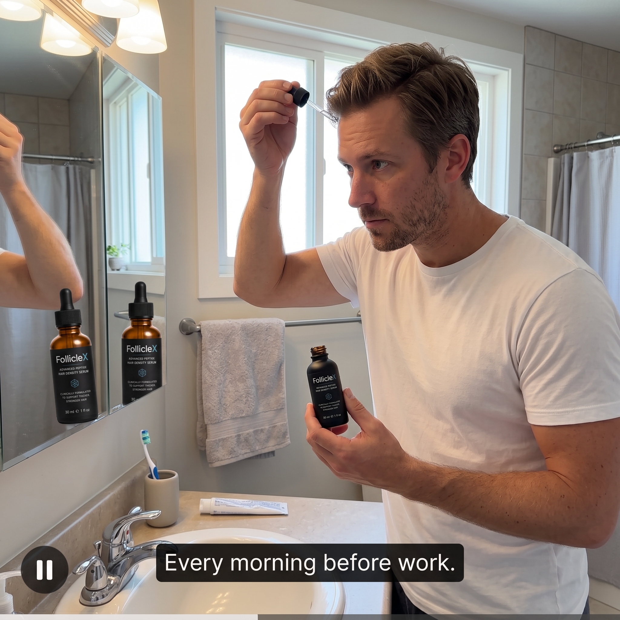 A man in a bathroom applies hair serum to his hairline with a dropper while looking in the mirror.