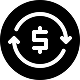 A white dollar sign surrounded by two white circular arrows on a black background.