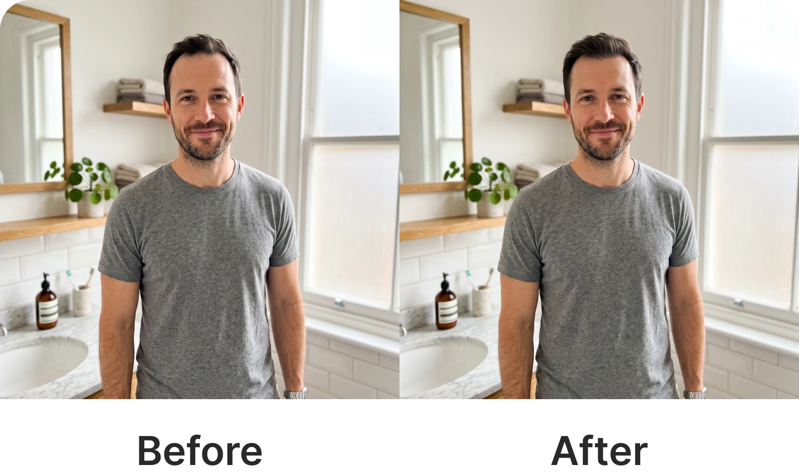 A before and after comparison of a man in a grey t-shirt standing in a bathroom.