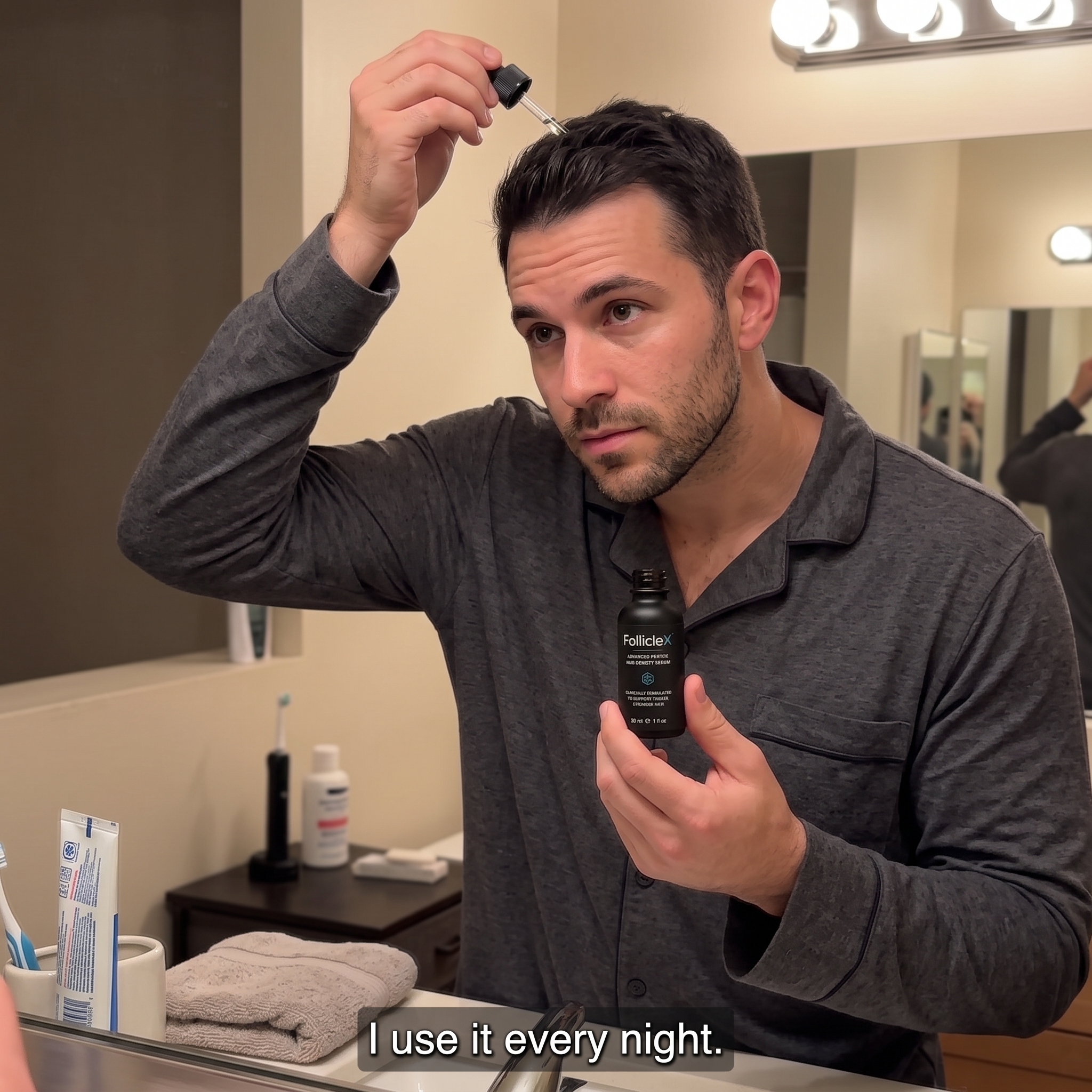 A man in pajamas applies a hair serum to his scalp with a dropper while looking in a mirror.