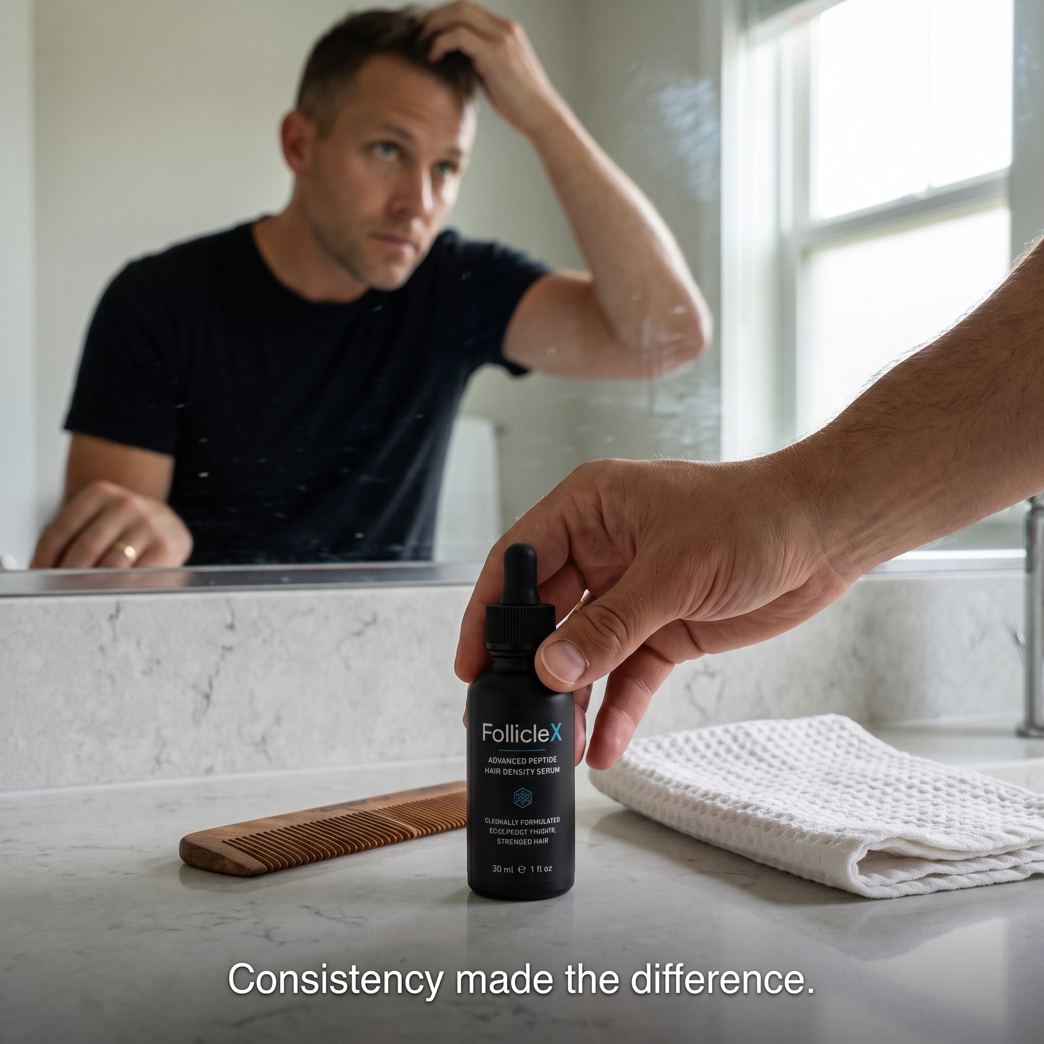 A man checks his hair in a bathroom mirror while a hand holds a bottle of hair serum.