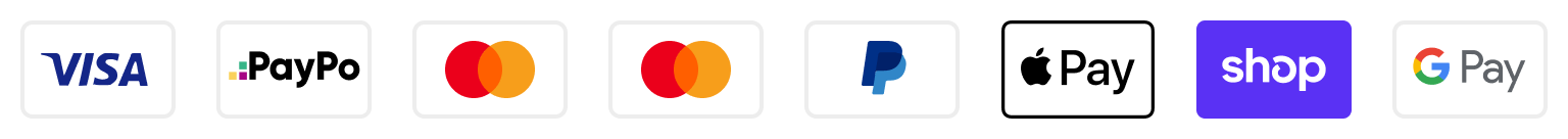 Logos of various payment methods including Visa, PayPo, Mastercard, Paypal, Apple Pay, Shop Pay, and Google Pay.