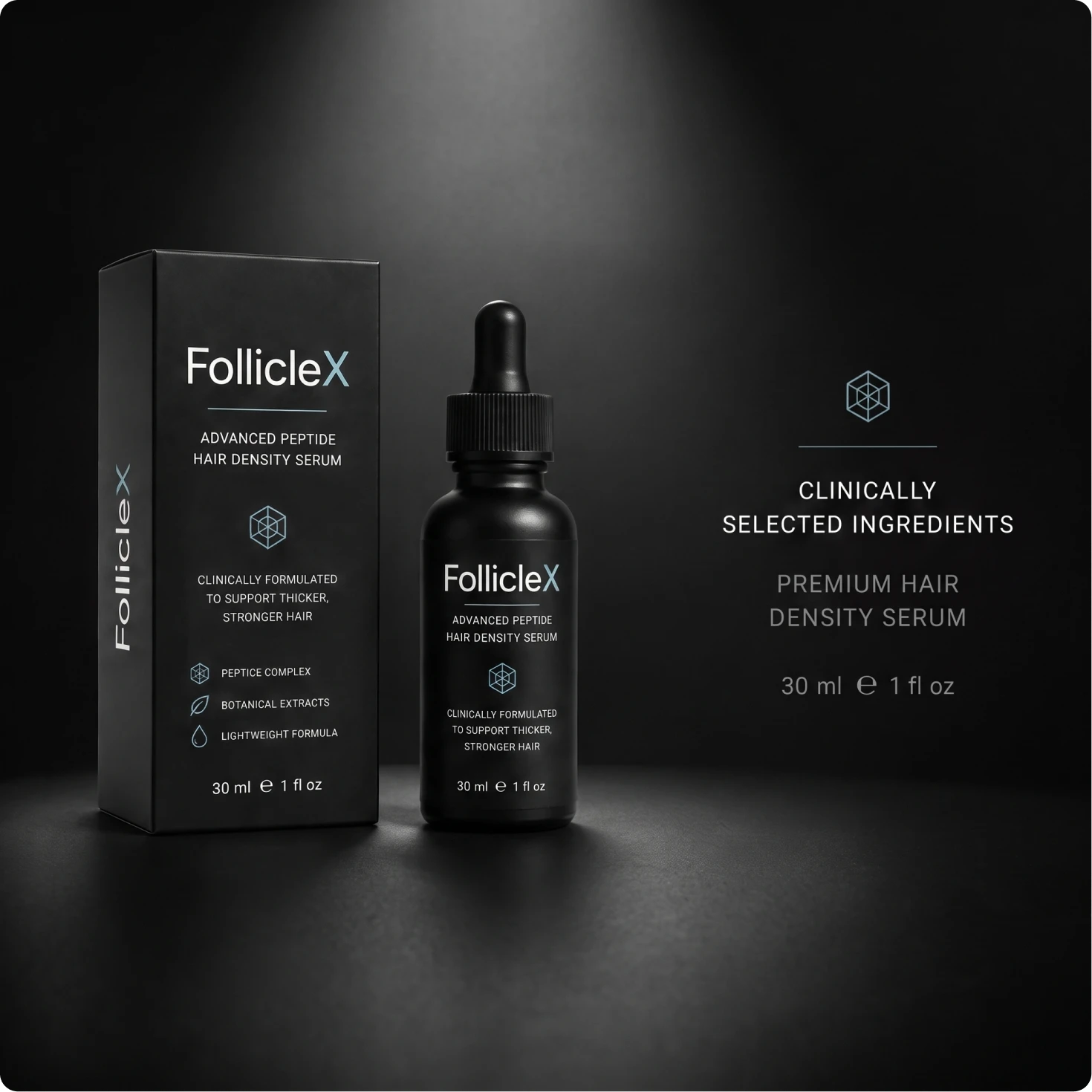 A black bottle and box of FollicleX Advanced Peptide Hair Density Serum on a dark background.