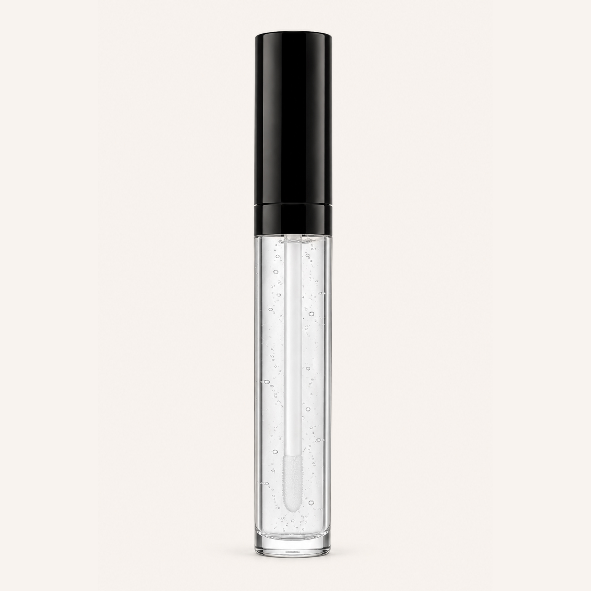 A clear tube of lip gloss with a black cap, showing the applicator wand inside, against a plain background.