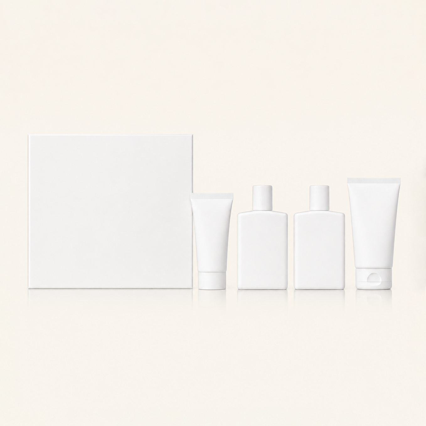 A set of white, unbranded cosmetic containers, including a box, tubes, and bottles, on a light background.