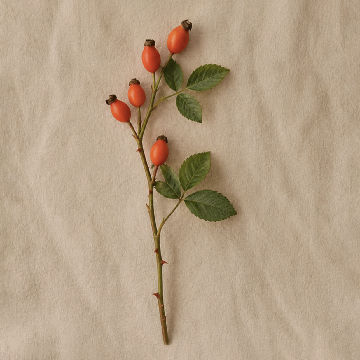 A sprig of rose hips with green leaves and thorns on a textured beige background.