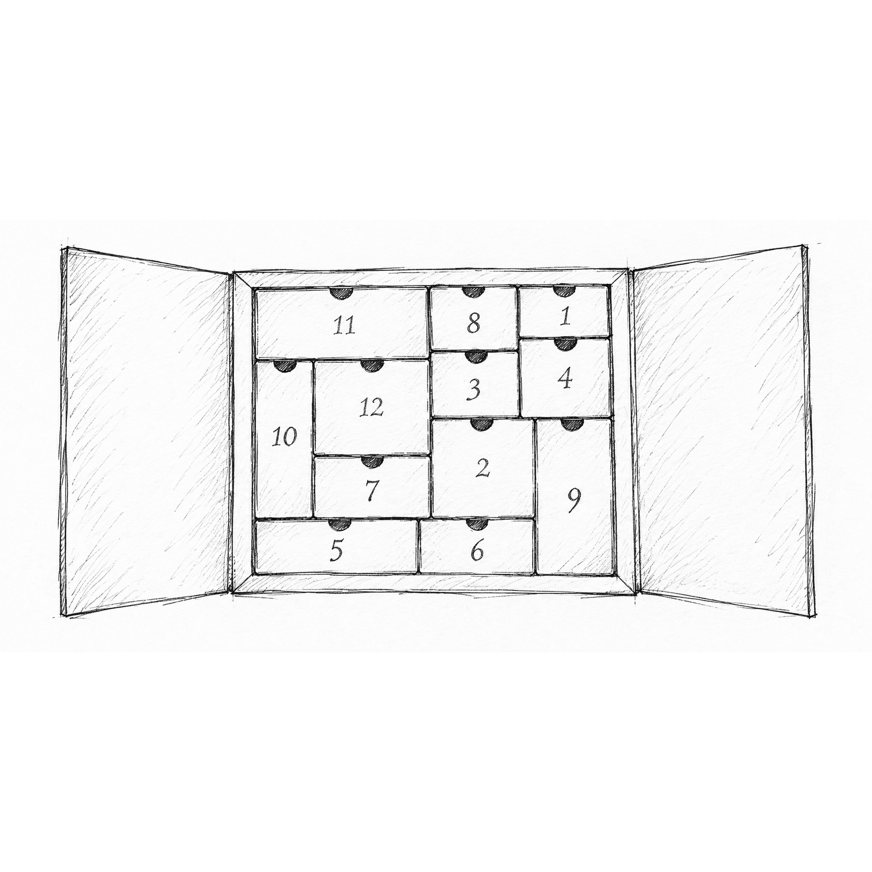 A sketch of a cabinet with open doors, showing twelve numbered drawers inside.