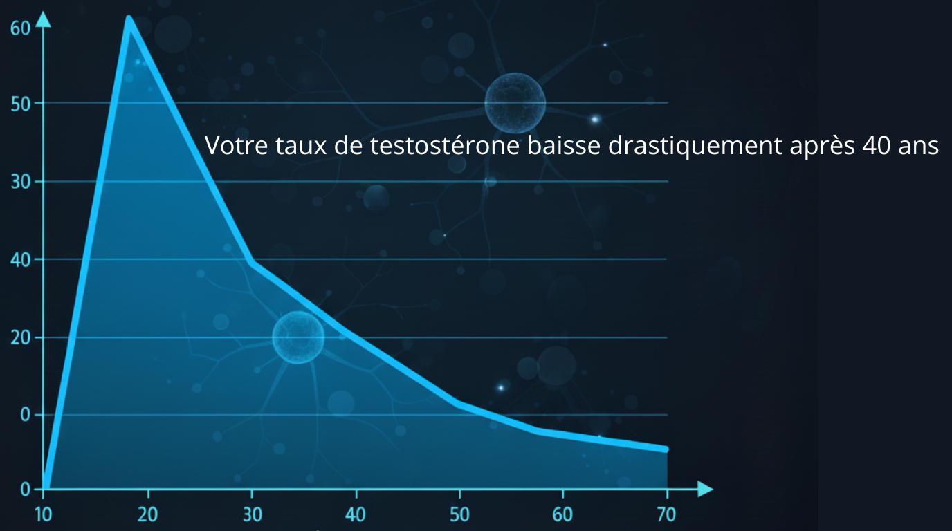 Graph showing testosterone levels decreasing with age, with text in French.