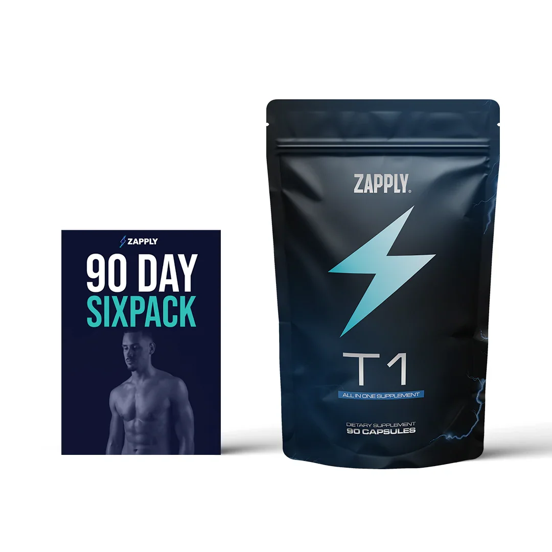 A black pouch of Zapply T1 dietary supplement next to a Zapply '90 Day Sixpack' box.