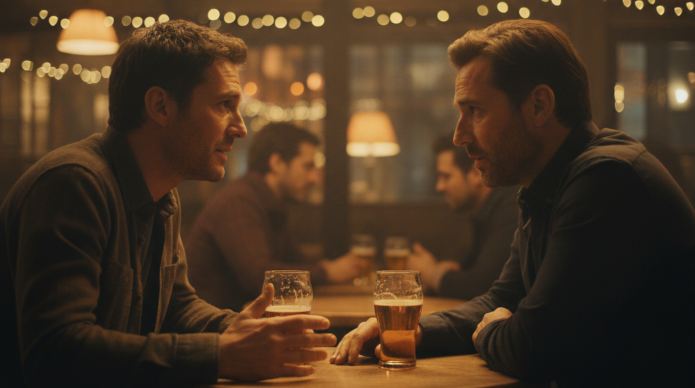 Two people talking at a pub, holding beers.