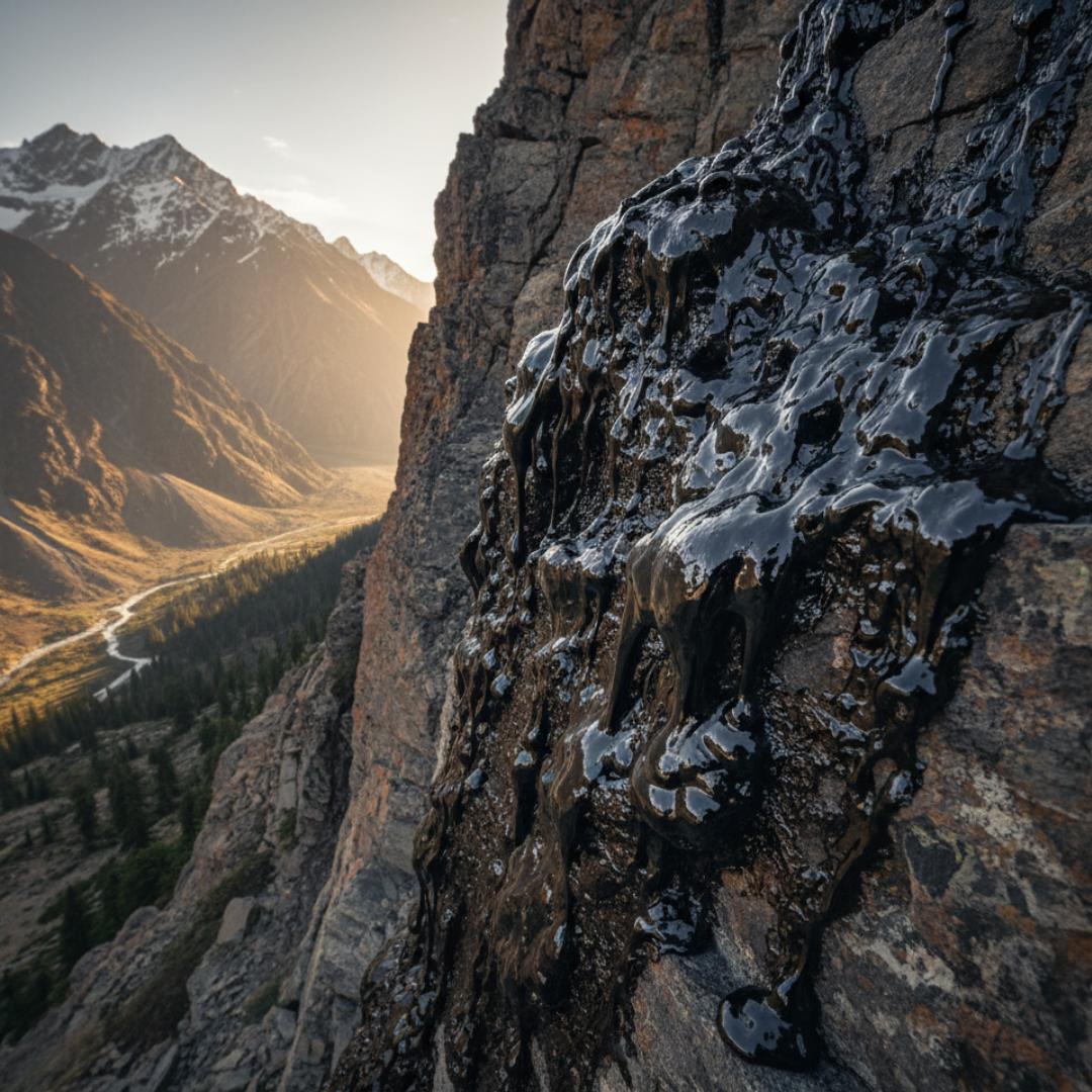 Rock face with black tar-like substance, mountain landscape in background.