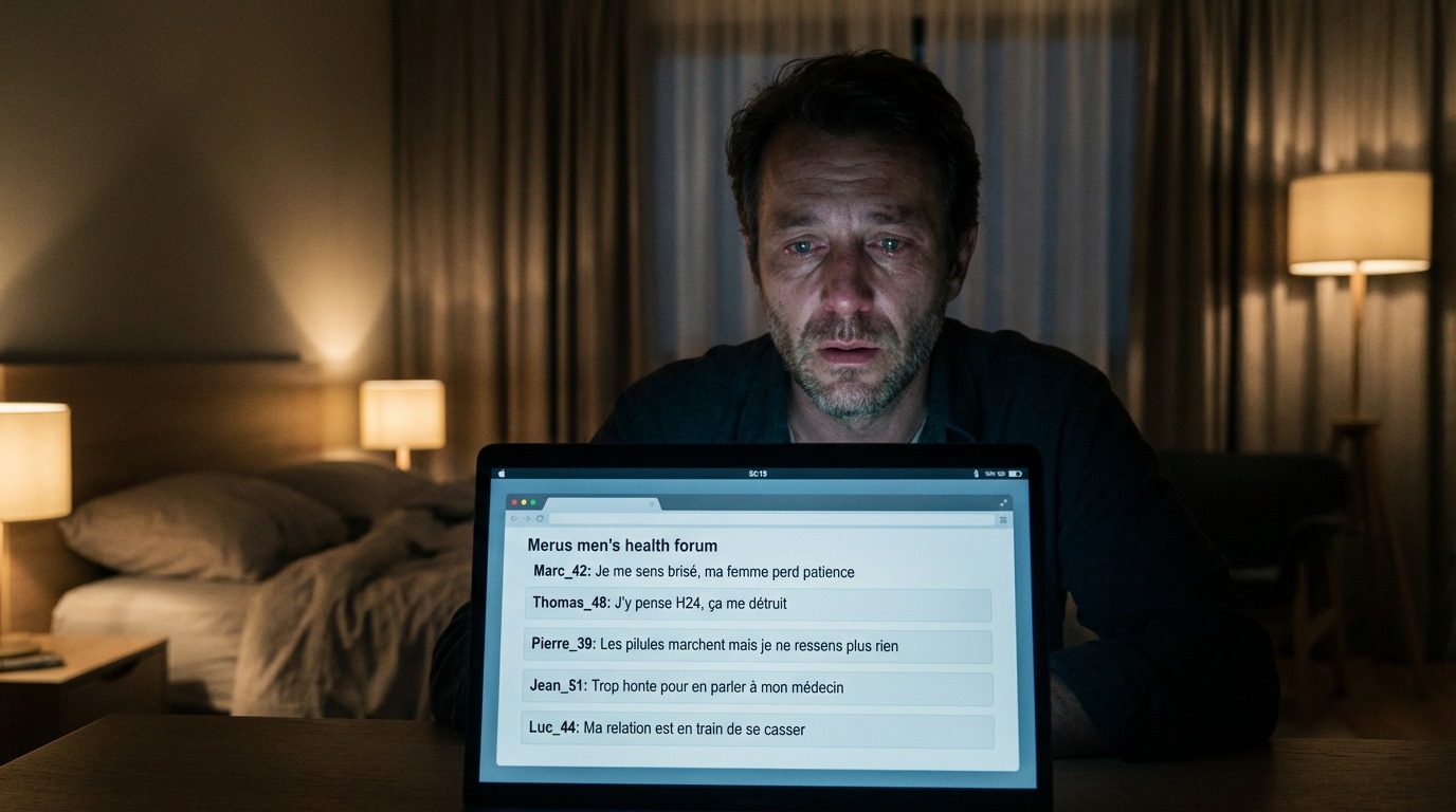 Man reads laptop screen with online men's health forum messages in dimly lit room.