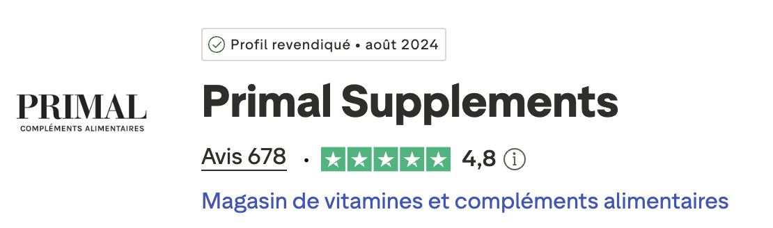 Primal Supplements logo and rating information, showing a 4.8 out of 5-star rating from 678 reviews.
