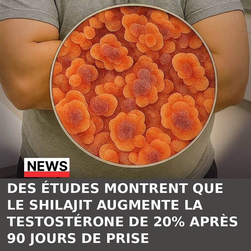 A person's torso with a magnified circular view of orange, flower-like cellular structures and French text below.