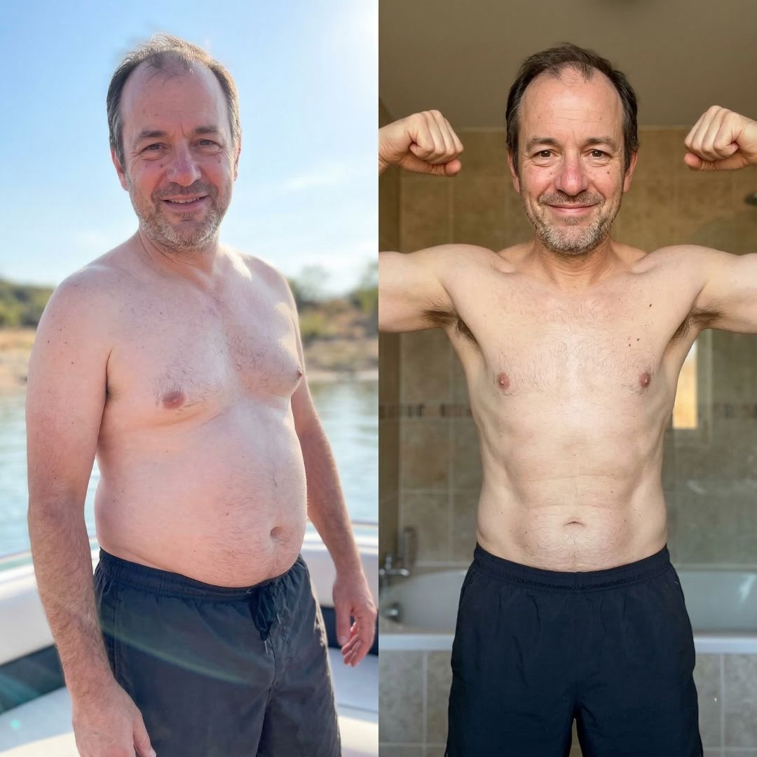 A split image showing a man's body before and after a weight loss transformation.