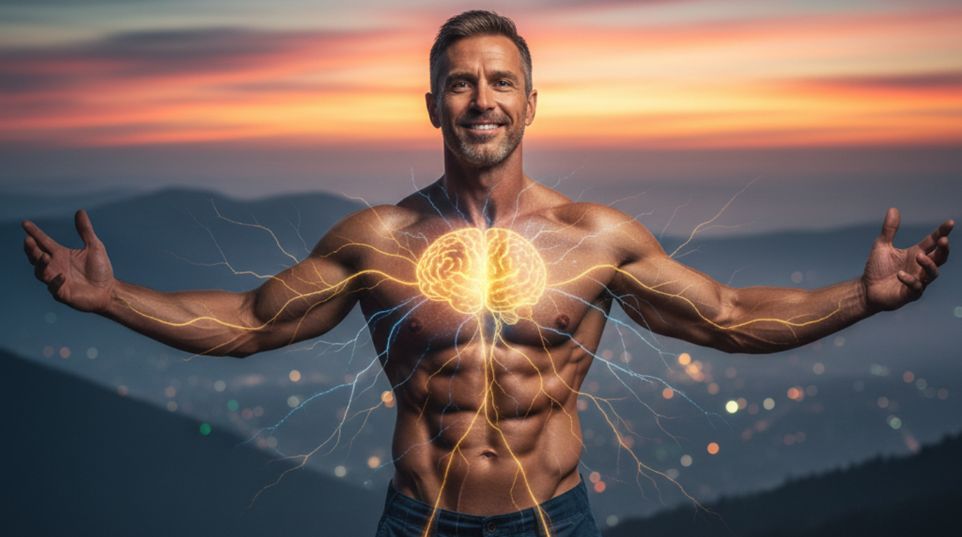 Muscular man with an illuminated brain on chest, outstretched arms, sunset background.