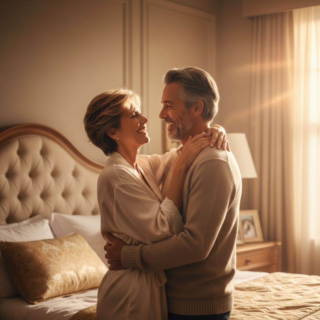 An older couple smiling and embracing affectionately in a warmly lit bedroom.