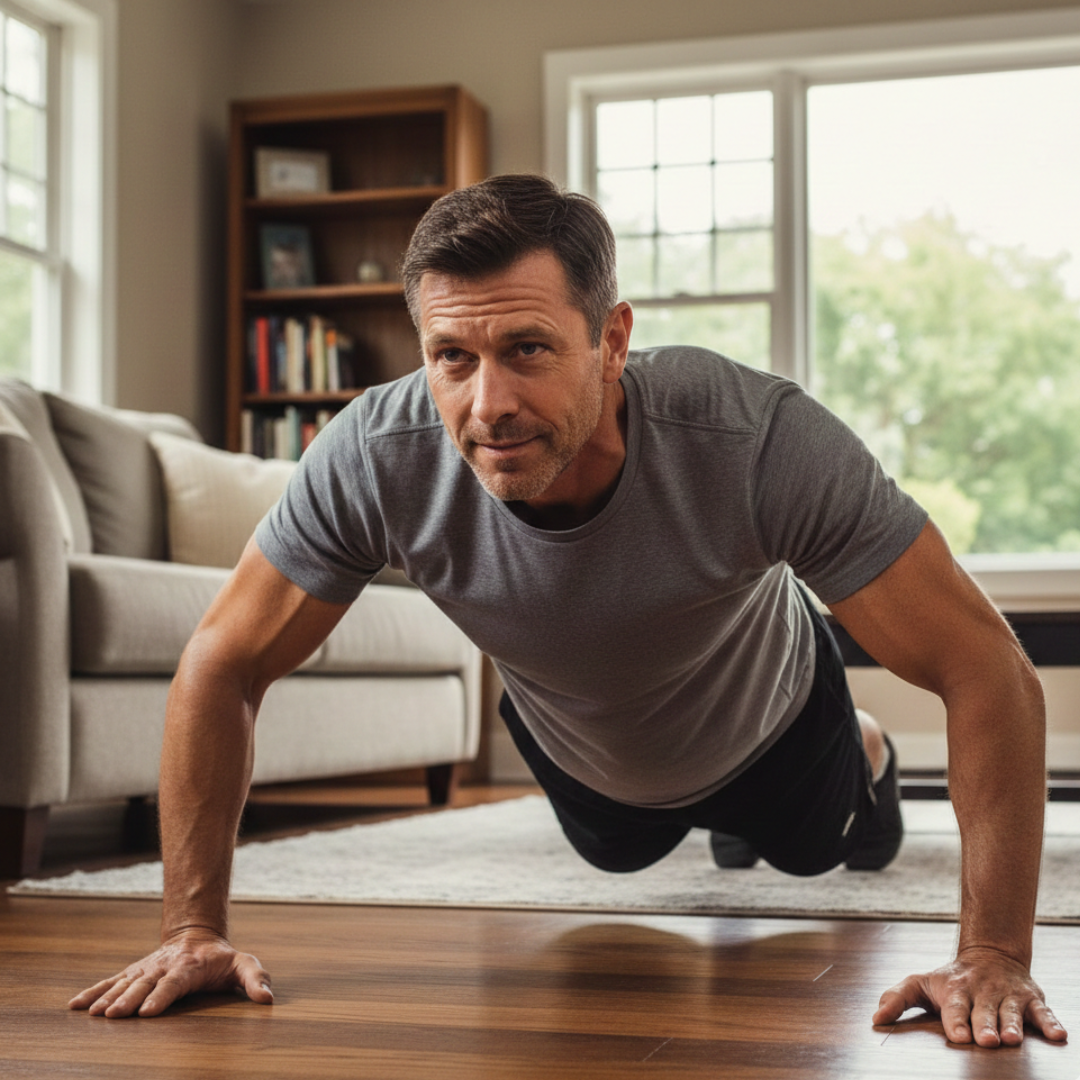 Person doing push-ups in a living room on a wooden floor.