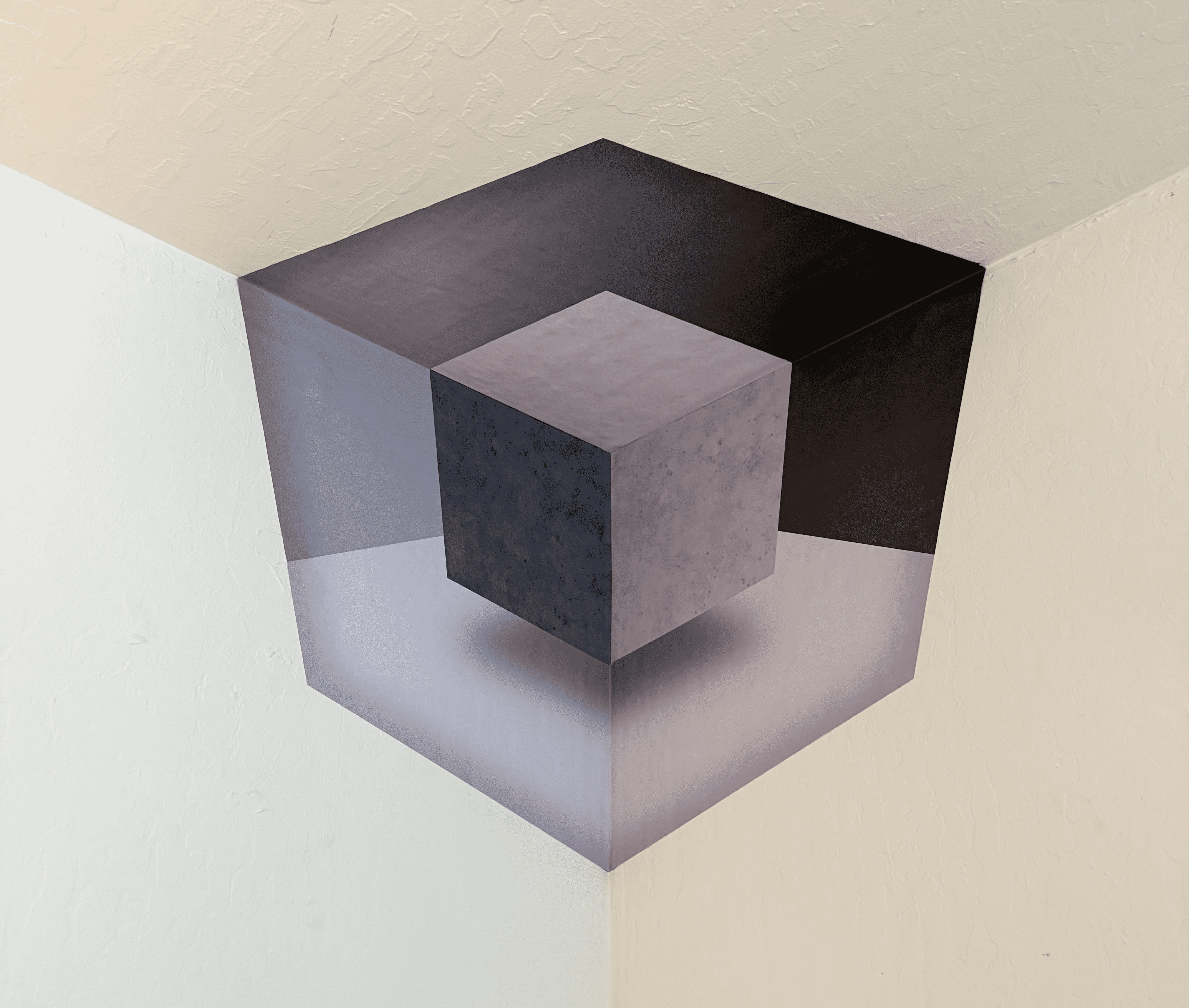 Optical illusion of a cube in a corner, creating a 3D effect.