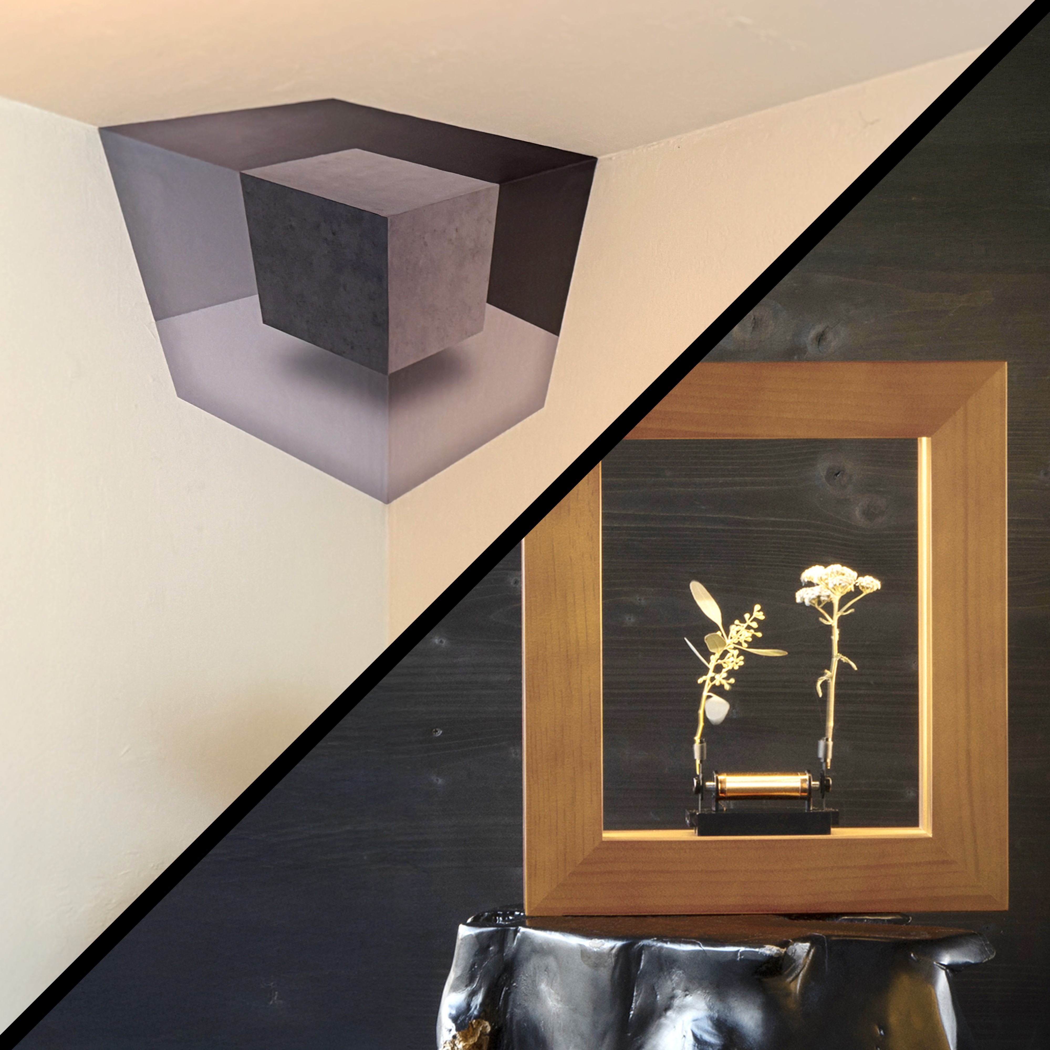 Abstract cube on the ceiling; wooden frame with flowers on a textured surface.