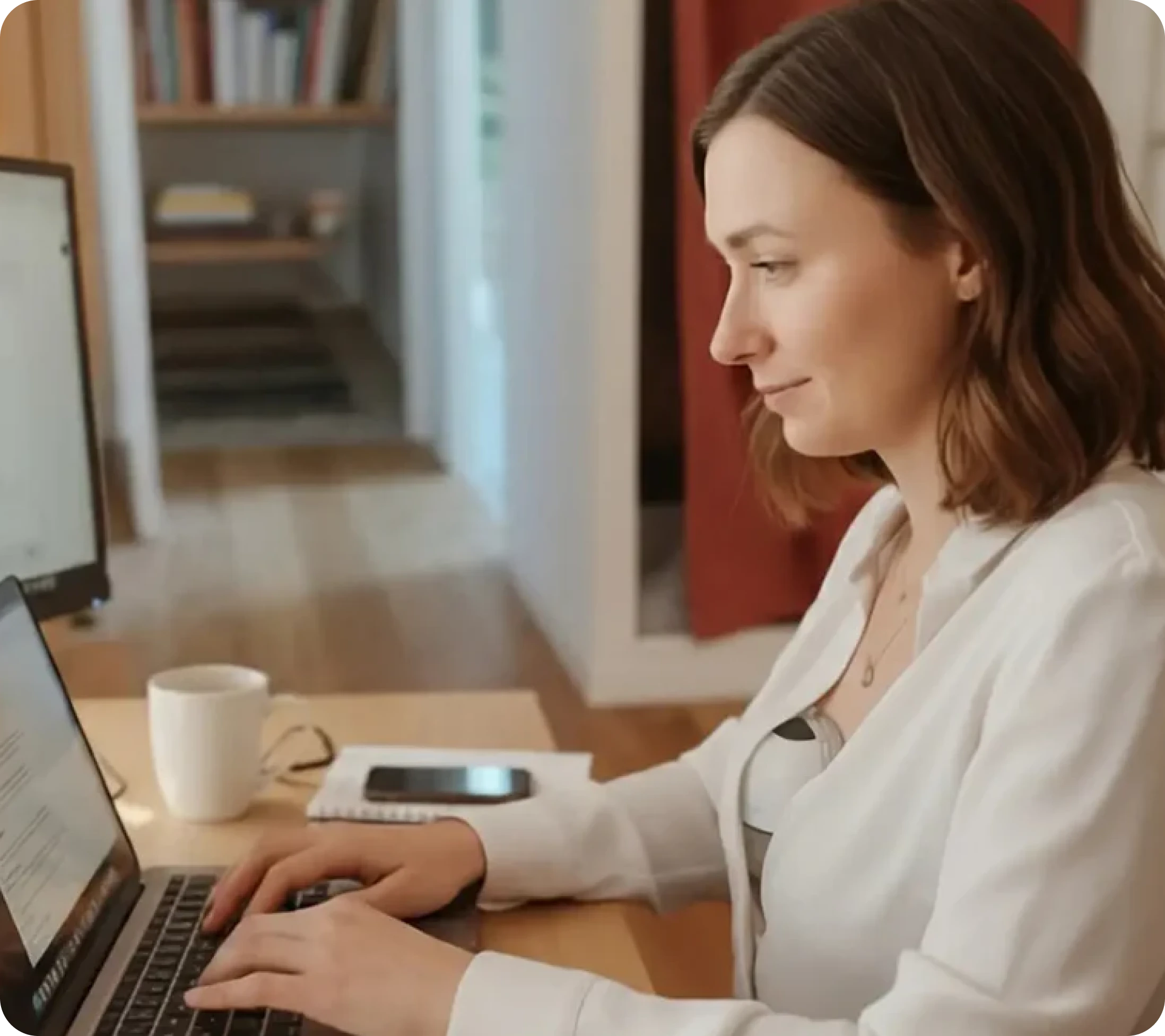A woman with brown hair sits at a desk, typing on a laptop computer.