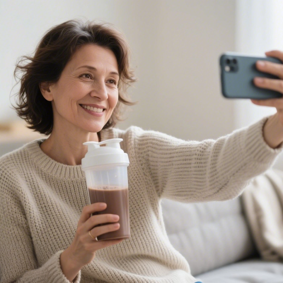Lächelnde Frau mittleren Alters in einem beigen Strickpullover macht ein Selfie mit dem Smartphone und hält einen Shaker mit Schokoladen-Shake in der Hand.