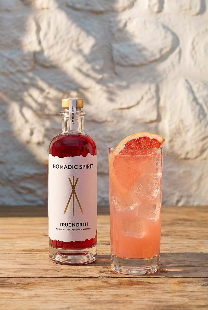 A bottle of Nomadic Spirit sits next to a tall pink cocktail with a grapefruit garnish.
