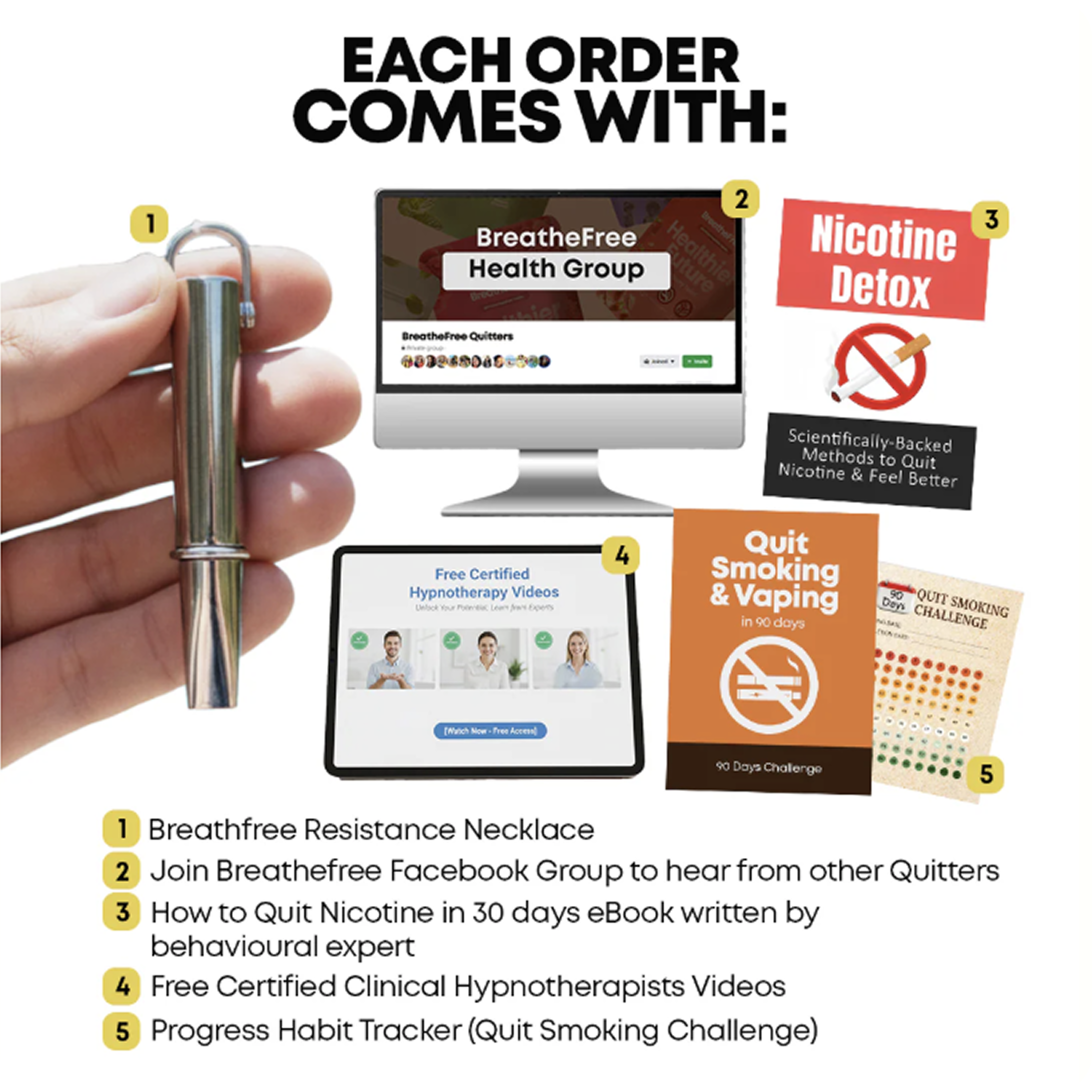 Collection of quit smoking aids, including necklace, eBook, group access, and hypnotherapy videos.