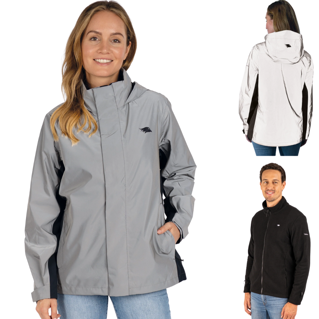 Two people modeling jackets, one gray and one black, on a white background.