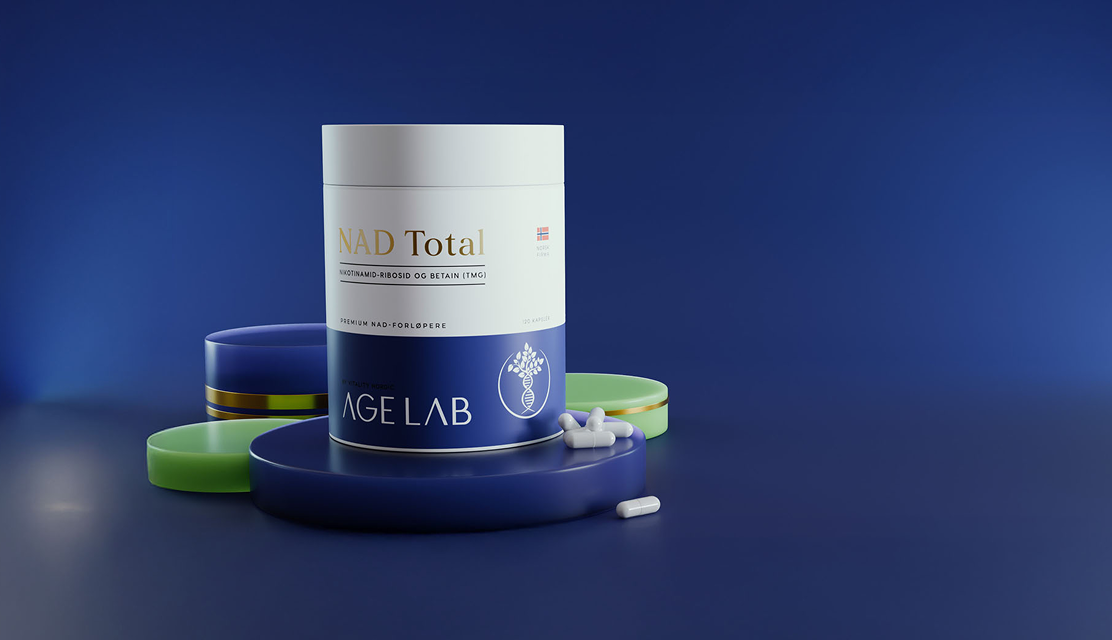 A container labeled 'NAD Total' with capsules on a blue background.