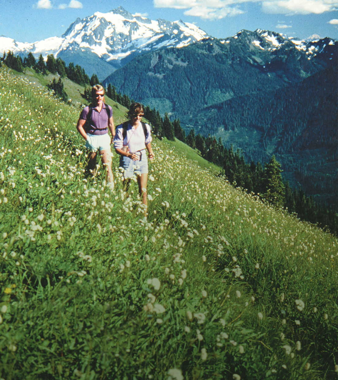 Two people hike on a grassy mountainside with snow-capped peaks in the background.