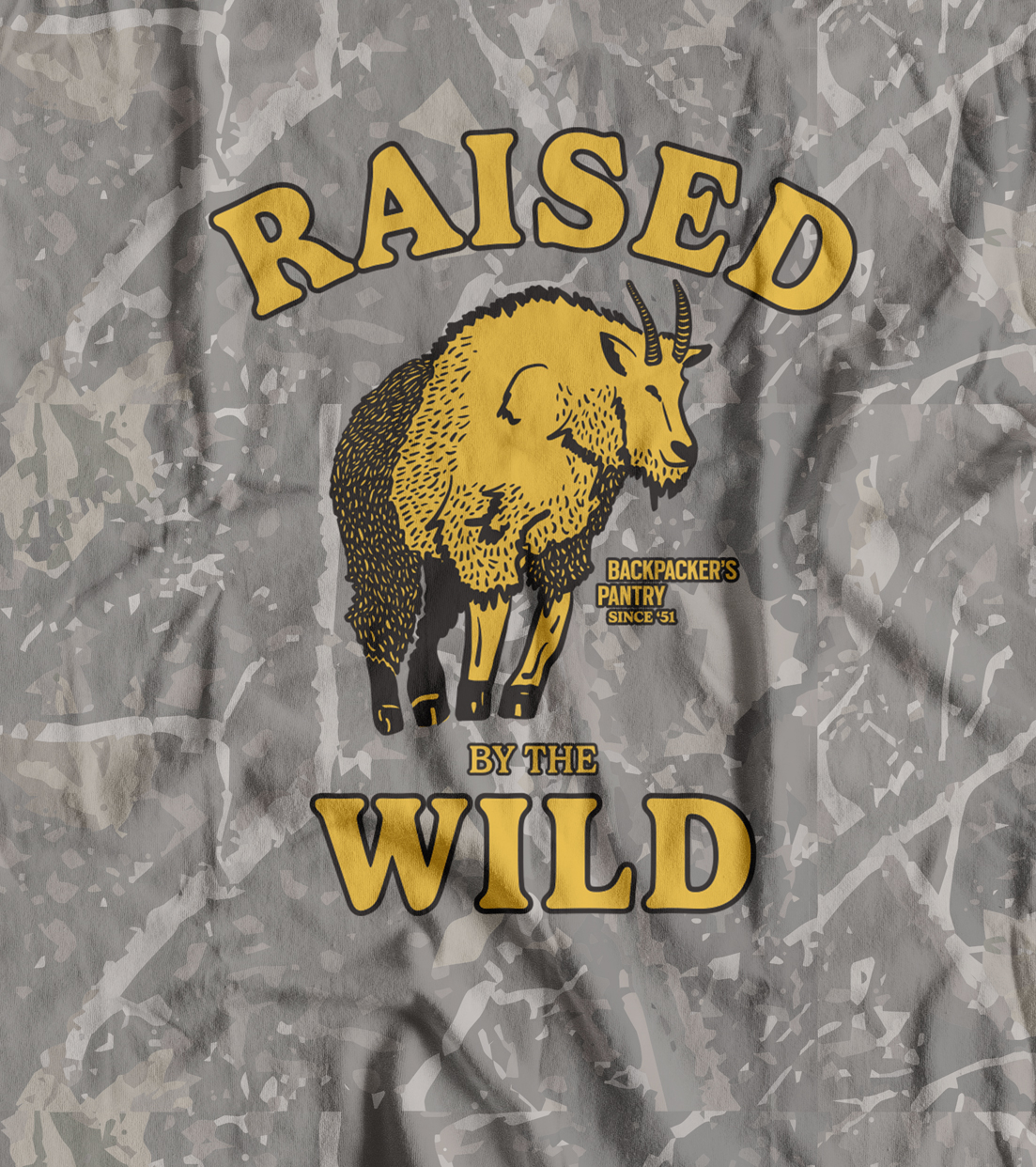 A graphic of a yellow mountain goat on a gray patterned background reads 'Raised By The Wild'.