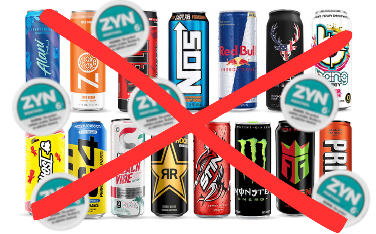 Various energy drink cans with a red 'X' and circular labels over them.